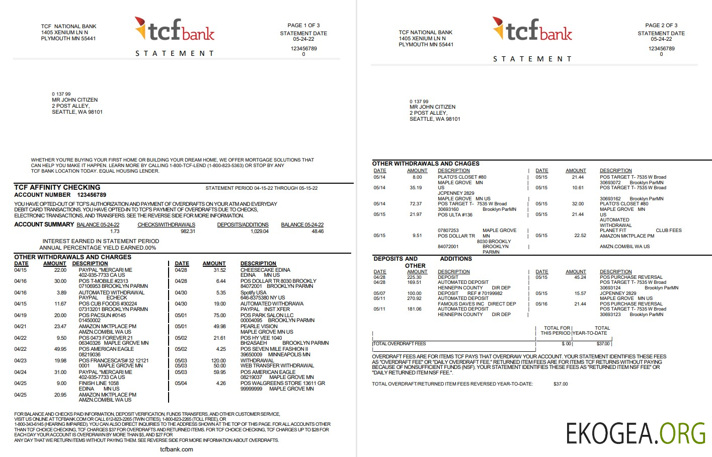 Relevé bancaire USA TCF, modèle Word et PDF, 3 pages